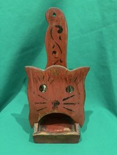 FOLK ART VINTAGE RED WOODEN KITTY CAT MATCHBOX HOLDER PRIMITIVE ANTIQUE KITCHEN  picture