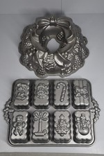 Nordic Ware Christmas Bundt Pans Holiday Mini Loaf 6 Cup & Wreath 9 Cup Lot picture