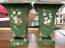 Antique  French Tole Cachepot Metal Beautiful painted flowers differ each side picture