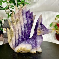 1.4LB Natural Amethyst Geode Hand Carved Nine-tailed Fox Quartz Crystal Decor picture