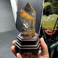 220g Natural golden rutilated quartz Obelisk Crystal Point Reiki Decor+Stand picture