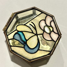Vintage Hand Crafted Glass Mirror Trinket Box Brass 3” picture