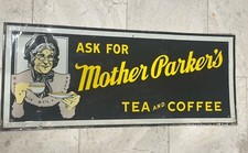 Vintage 1950’s MOTHER PARKER TEA & Coffee Tin Litho Sign Rare Original 19x47” picture