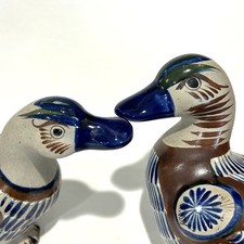 Vtg Tonala Pottery Ducks Set of 2 Mexican Folk Art Figurines Boho Tostado Signed picture