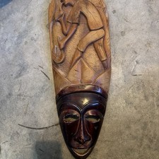 VINTAGE HAND-CARVED AFRICAN WOOD MASK w/ OPEN EYES  23 In picture