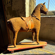 Antique German Horse Pull Toy 1890 Mohair Leather Saddle Wood Platform Folk Art picture