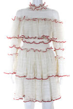 Alexander McQueen Womens Long Sleeve Tiered Ruffled Lace Dress White Red Small picture