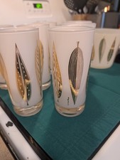 Fred Press 1960s Mid-Century Modern Gold Green Leaf Tumblers & Bowl Set picture