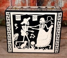 Handmade Day of the Dead Lacquer Box Dancing Skeletons & Dog Mexican Folk Art picture
