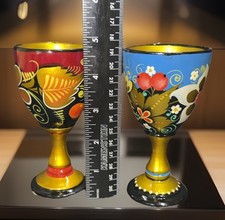 Set 2 Russian Hand Painted Goblets Lipetskie Uzory Khokhloma Folk Art Cups picture