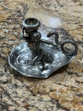 Vintage Italian Art Nouveau Silvery Pewter Candlestick Snake Charmer picture