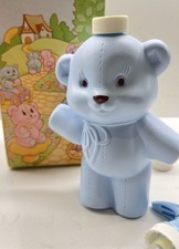 Vintage New In Box (1981) Avon Teddy Bear Lotion Dispenser, Blue, 10 Fl. Oz picture