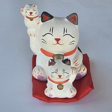 Vintage Beckoning Lucky Cat Family Neko Satin Pillow Pouch Japanese Porcalain picture
