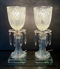 Antique Original Art Deco 1930s 40s Glass Boudoir Crystal Lamp Set Victorian Vtg picture