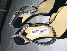 Jimmy Choo Black Leather Pointed Toe Stiletto Heels Rhinestone Ankle Strap 7 picture