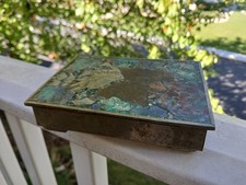 Vintage 1950s Hencho En Mexico Mixed Metals Lidded Box Stone Mosaic Inlay Chief  picture