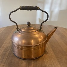 Antique 10” Copper Tea Kettle Wood Handle Concentric Ring Bottom Hearth Pot picture
