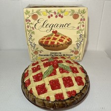 Elegance Ceramic Cherry Pie Server & Lid Cover Portugal w/ Original Box Vtg NOS picture