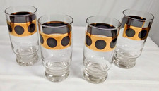Federal Glass Black Coin Glasses Tumblers Gold Footed 13 oz Lot of 4 Barware picture
