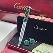 SALE Cartier Santos de Cartier Green Silver Ballpoint Pen Luxury New Full Box picture