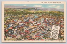 Bird's Eye View Spokane WA Washington Aerial c1930s Linen Postcard picture
