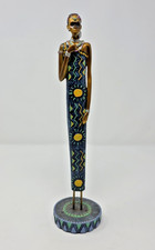 Vintage Tall African Tribal Woman Figurine Gown Sun Chevron Pattern Decor 12