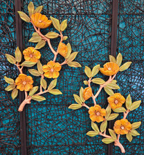 VTG Dart 2 Pc Floral Wall Hanging Green Yellow Flowers Dogwood 4564 USA MCM FLAW picture