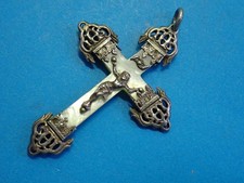ANTIQUE french NUNS crucifix / MOTHER of PEARL / SILVER IHS ornaments picture