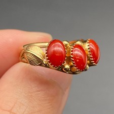 Vintage Navajo Native Feather Coral 14K Gold Ring Size 6.25 picture