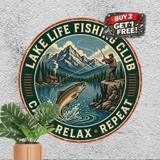 Jumping Trout Freshwater Fishing 8x8 Round Metal Tin Sign Lake Cabin Plaque picture
