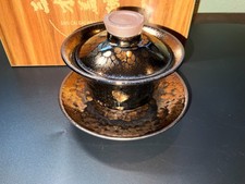 Gold Oil-Drop Glaze 3-Piece Gaiwan San Cai Jianzhan Signed Tong Xian Liang picture
