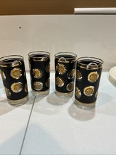 VINTAGE MID CENTURY LIBBEY TEXTURED BLACK/ 22k GOLD COIN TUMBLERS SET 4 picture