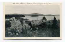 Piseco NY, Island in Piseco Lake from Irondequoit Club, 1956 RPPC postcard picture