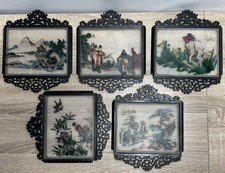 Vintage Chinese Reverse Painted Glass Wall Plaque Art Set of 5 Fretwork Frame picture