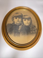 Vintage Bubble Glass Wood Frame Picture  Oval American Two Young Sisters 20.5 H picture