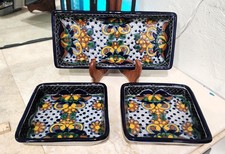 Vintage Mexican Talavera Pottery 3 Pc Wall Plaque Tray Set Dark Navy Blue Floral picture