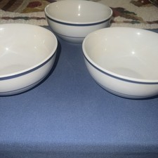 Set of 3 Oneida Maitre D' Cereal Bowls Porcelain Blue Stripe Discontinued picture