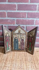 VTG Hand-painted Wooden Folding Religious Triptych Icon Primitive Folk Art picture