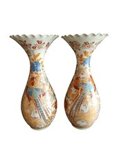 Antique Japanese Signed Kutani Vases Birds of Paradise Huge 15