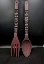 Vintage Carved Wooden Fork & Spoon Wall Decor 28” Big Tiki Totem Black Purple  picture