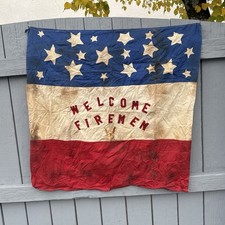 Vintage Welcome Firemen Fabric Banner 34x33 Patriotic Americana Firehouse Decor picture