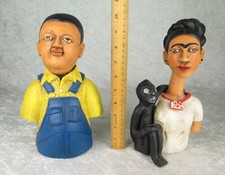 Frida Kahlo and Monkey Diego Rivera Folk Art Pottery Figurines 10 inches Tall picture