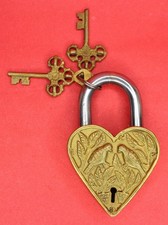 Heart Shape Bird Engraved Vintage Style Handmade Brass Fully Functional Padlock picture