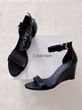 ✨New CALVIN KLEIN Wilhelmina Leather Wedge Sandals Black Womens Size 9.5M $129 picture