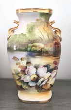 Noritake Morimura Antique Hand Painted Vase Urn Gilded Accents Flower Lake Scene picture