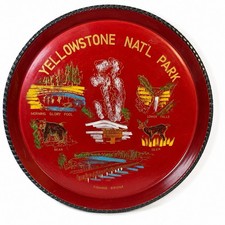 Vintage Yellowstone National Park 12” Tin Tray Old Faithful MCM NPS Souvenir USA picture