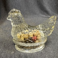 Vtg JH Millstein Co Glass CHICKEN ON THE NEST w/ORIGINAL Label, Straw, Candy picture
