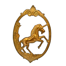 Vintage 1970's 13” Brass Oval Brass Fantasy Unicorn Hanging Wall Ornate Frame picture