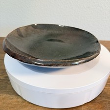 Vintage HAND THROWN Glazed Painted Clay Brown Pottery Shallow Bowl Dish picture