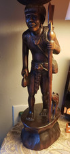 Vintage Igorot Tribal Hand Carved‎ Wooden Warrior Hunter With Dog Figurine picture